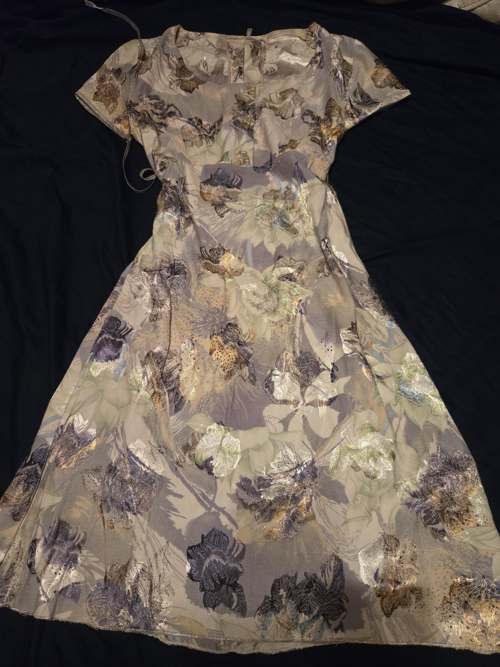 Lavender Floral Midi Dress with Metallic Accents